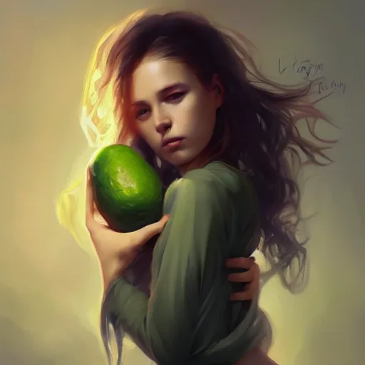 Image similar to lauren walsh lovingly cradling an avacado, fullbody, ultra high detailed, oil painting, greg rutkowski, charlie bowater, yuumei, yanjun cheng, lauren walsh, unreal 5, daz, hyperrealistic, octane render, rpg portrait, dynamic lighting, fantasy art, beautiful face