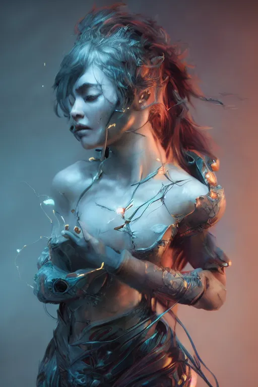 Image similar to beautiful girl necromancer, 3 d render, hyper - realistic detailed portrait, holding electricity, ruan jia, wlop. scifi, fantasy, hyper detailed, octane render, concept art,