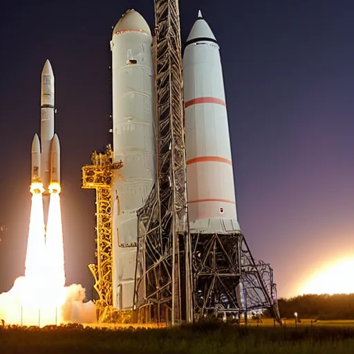 Prompt: nighttime launch of the space launch system from lc - 3 9 b at kennedy space center, 2 0 2 5