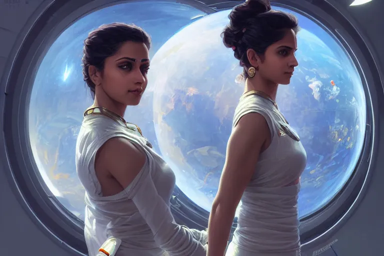 Image similar to Sensual beautiful female Aryan young Indian doctors wearing Deus Ex Human Revolution clothing in a space station above Earth, portrait, elegant, intricate, digital painting, artstation, concept art, smooth, sharp focus, illustration, art by artgerm and greg rutkowski and alphonse mucha