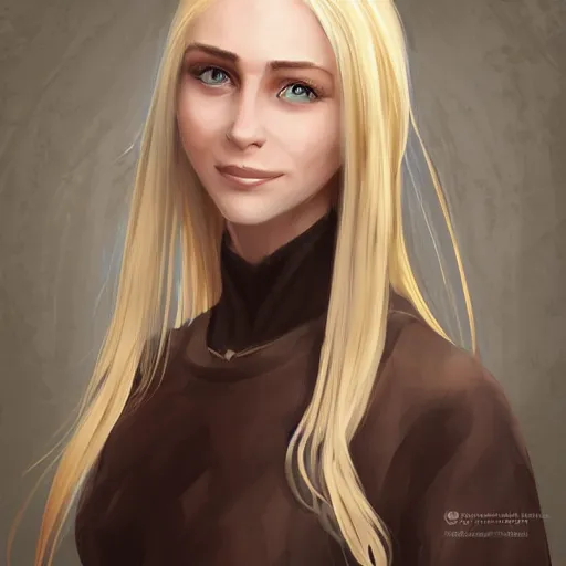 Prompt: portrait, 3 0 years old women : : fantasy : : long straight blonde hair, beeing happy, smiling, pointy ears, short neck : : attractive, symmetric face : : brown medieval cloting, natural materials : : high detail, digital art, rpg, concept art, illustration