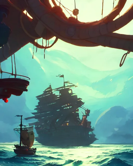 Image similar to a gigantic glowing kraken attacking a big pirate ship, deep water, cory loftis, james gilleard, atey ghailan, makoto shinkai, goro fujita, studio ghibli, rim light, exquisite lighting, clear focus, very coherent, plain background, soft painting