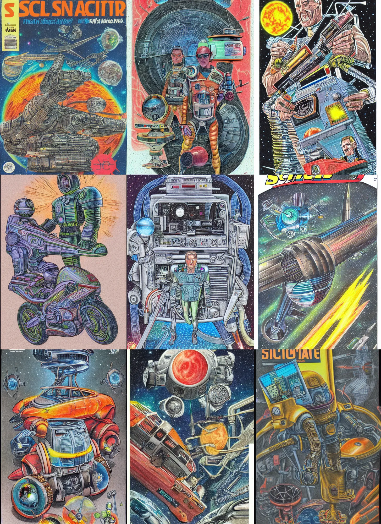 Prompt: detailed colored pencil drawing of a retro sci - fi magazine