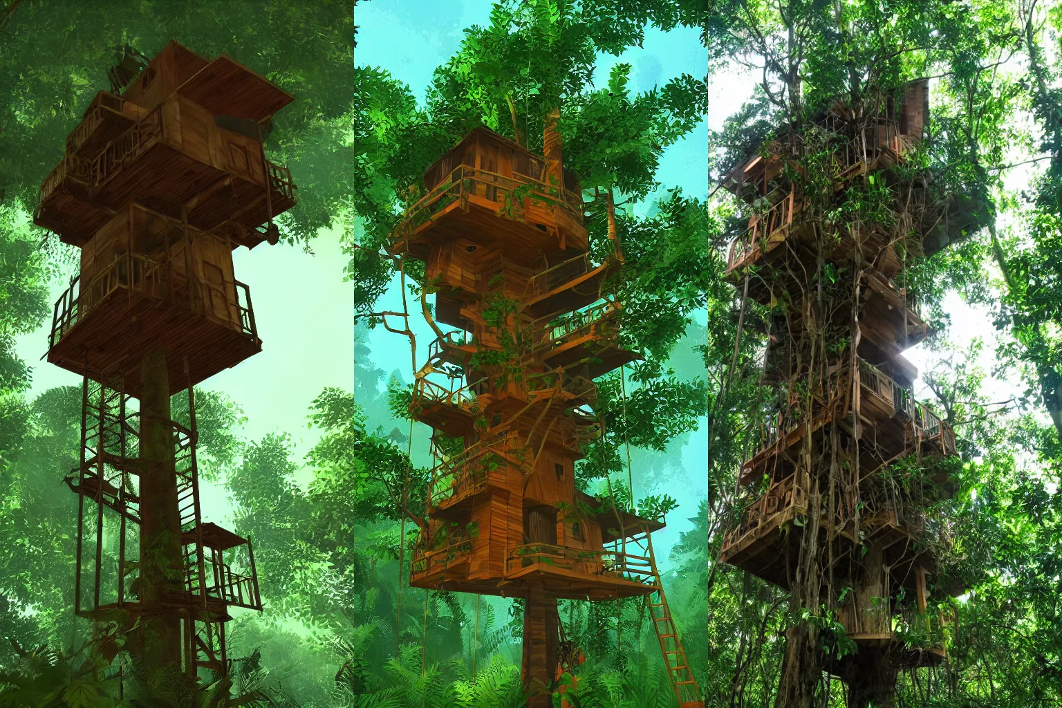 Prompt: tree house in a jungle, in the style of firewatch