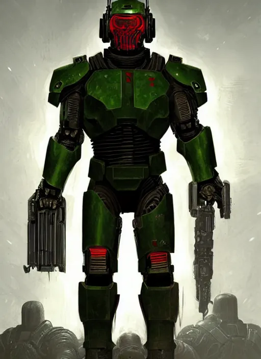 Prompt: henry cavill as doomguy, full body concept, cyborg, borg, strogg, face of a man, terminator, flesh, quake strogg, doom demon, wolfenstein, monstrous, powerful, symmetry, symmetrical, concept art by ruan jia and greg rutkowski