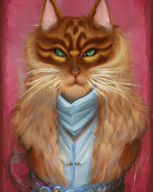 Image similar to High Fantasy whimsical portrait painting of a wise anthropomorphic humanoid ginger cat with big bushy eyebrows, upper body, wearing fantasy formal clothing, wearing fantasy clothing, cgsociety, trending on artstation, dnd