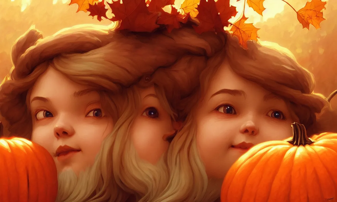 Image similar to hand drawn cute one gnomes face in autumn and pumpkin, detailed closeup face, concept art, low angle, high detail, warm lighting, volumetric, godrays, vivid, beautiful, trending on artstation, art by artgerm and greg rutkowski and alphonse mucha