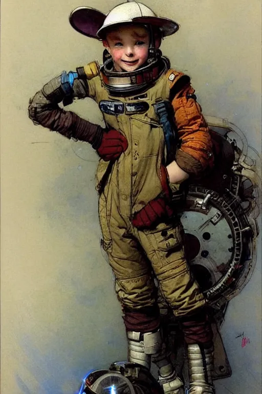 Image similar to ( ( ( ( ( 2 0 5 0 s retro future 1 0 year old boy super scientest in space pirate mechanics costume full portrait. muted colors. ) ) ) ) ) by jean baptiste monge, tom lovell!!!!!!!!!!!!!!!!!!!!!!!!!!!!!!