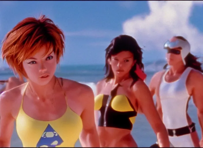 Image similar to a film still of a tracer from overwatch in baywatch 1 9 8 9