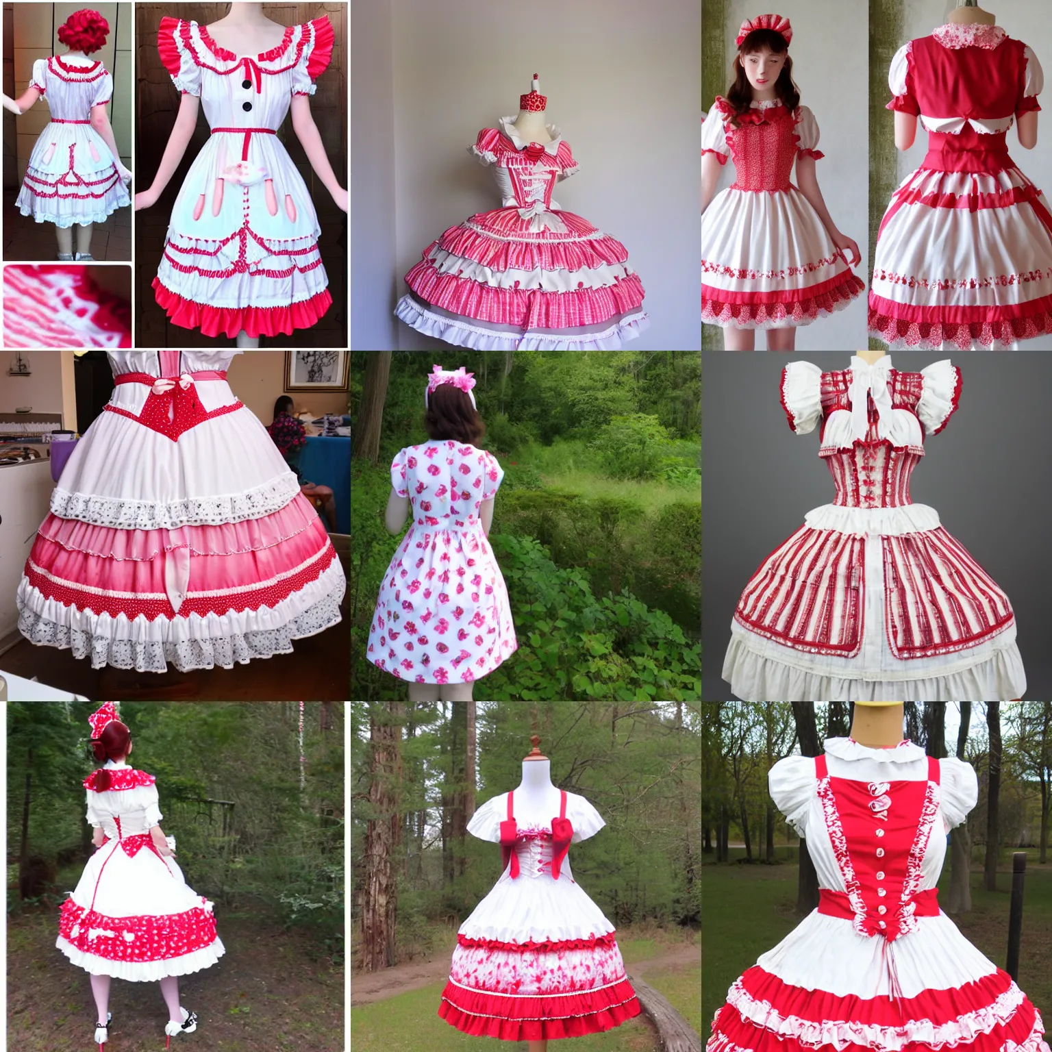 Prompt: a lolita dress, inspired by white strawberry cake, front and back, photo