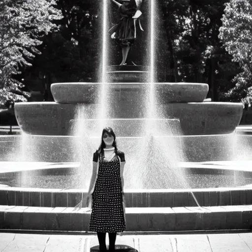 Image similar to a full body portrait of a young woman in black and white maid uniform standing in front of a fountain in a park, 8k, cinematic, photo taken with Sony a7R camera, by William-Adolphe