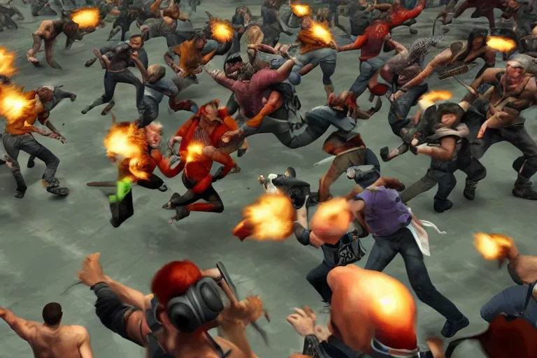 Prompt: a photo of a twitch streamer fighting off a horde of angry viewers, live on stream, photorealistic, 8 k, twitch background