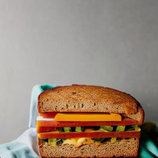 Prompt: sandwich bread that inside has tofu, tomato, onion, avocado and cheddar, over a dish and over a table, sunset background with saturn in the sky, studio photo, amazing light
