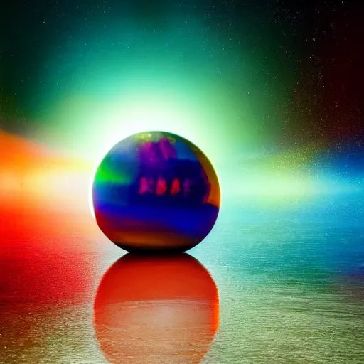 Prompt: long shot of a singular giant ball made of rainbow glass, cinematic space scenery, concept art, by gerhard richter, by ridley scott, volumetric light, beautiful oil painting, realistic reflections, reflection of stars and moon, smooth, lens flare, depth perception, high depth of field, 4 k, 3 d octane render, hyperrealistic, trending on artstation