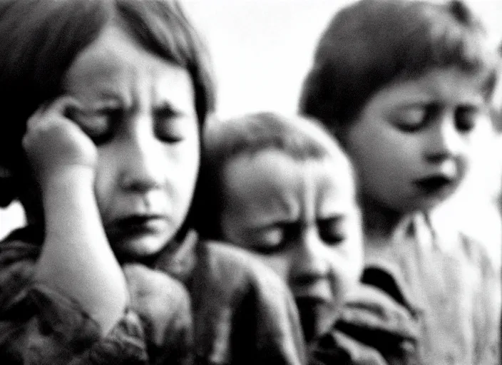 Image similar to high resolution black and white portrait with 8 0 mm f / 1 2 lens of children in chernobyl with eyes closed in grief in 1 9 8 9.