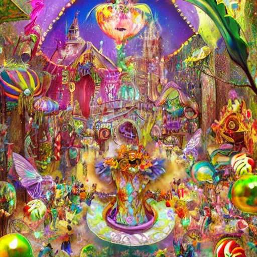 Prompt: an intricately decorated, colorful, chaotic, beautiful carnival hosted by fairies, realistic fantasy illustration