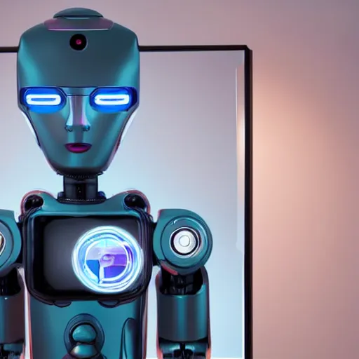 Image similar to a robot looking at itself on the mirror, low-angle, photorealistic, !!award-winning!!
