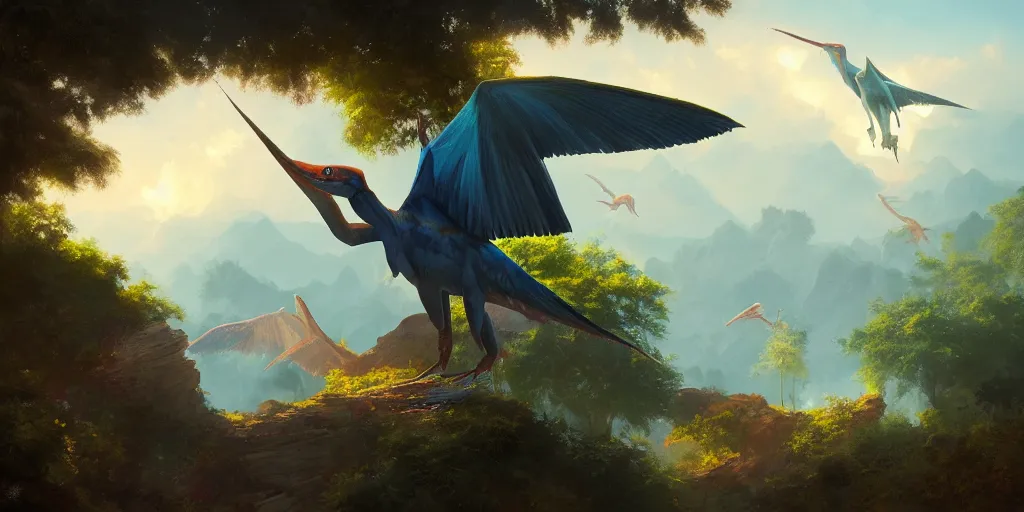 Image similar to ultra realistic colorful pterodactylus beautiful dreamy landscape, dream, colors, highly detailed, artgerm style, clear, ocatne render, artstation trend, epic art style, greg rutkowski, cinematic, concept art, 8 k hd