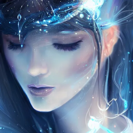 Image similar to masterpiece portrait of an aesthetic beautiful mage woman, ice spell, 3 0 years old woman, thin face, black dynamic hair, wearing silver diadem with blue gems inlays, silver necklace, painting by wlop, atmospheric effects, chaotic blue sparks dynamics in the background, intricate, artstation, fantasy