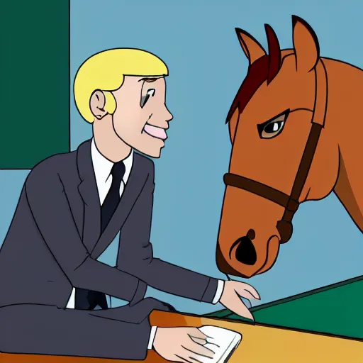 Prompt: a horse head character is teaching in the classroom, school teachers interview, horseman bojack