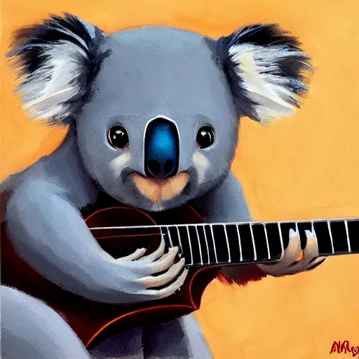 Image similar to portrait koala playing a guitar, fine details. realistic shaded lighting by ilya kuvshinov giuseppe dangelico pino and michael garmash and rob rey, iamag premiere, aaaa achievement collection, eyes open in wonder