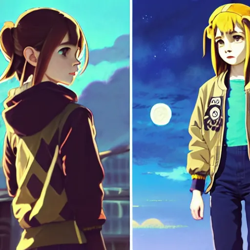 Image similar to beautiful boyish emma watson in majora's mask, wearing oversized mayan bomber jacket with overalls and leotard, bulky poofy bomber jacket with mayan patterns, aztec street fashion, gapmoe yandere grimdark, trending on pixiv fanbox, painted by greg rutkowski makoto shinkai takashi takeuchi studio ghibli, akihiko yoshida