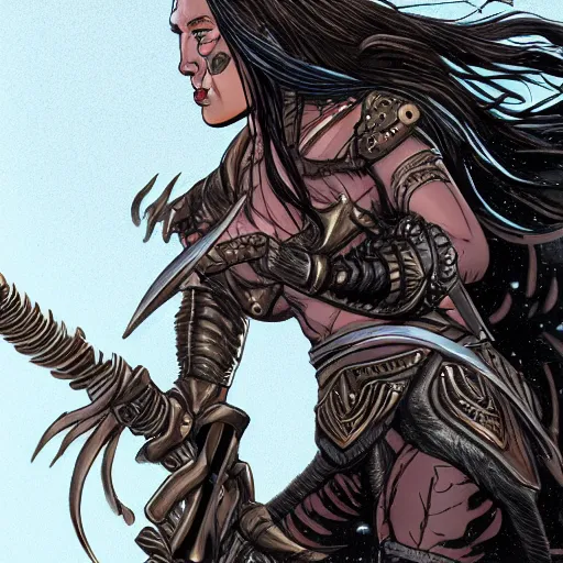 Image similar to a muscular bronze - skinned silver - eyed woman warrior with long black hair, in xena armor, in an arena on a hostile alien planet, highly detailed, mike mignola, trending on art station, illustration, comic book