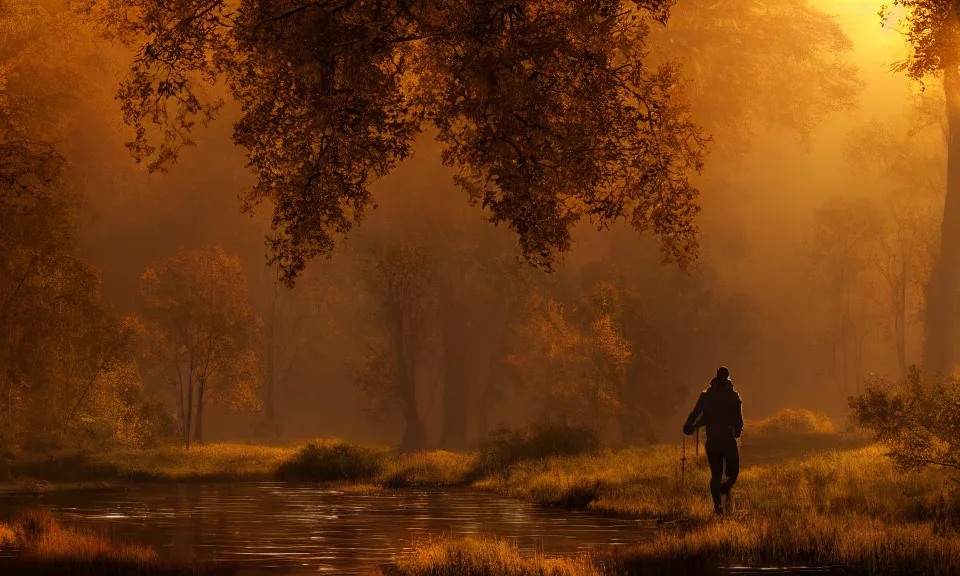 Image similar to A matte painting of an adventurer walking along the river bank in a forest during the golden hour in autumn, surrounded by dust and volumetric light shining through the tree tops