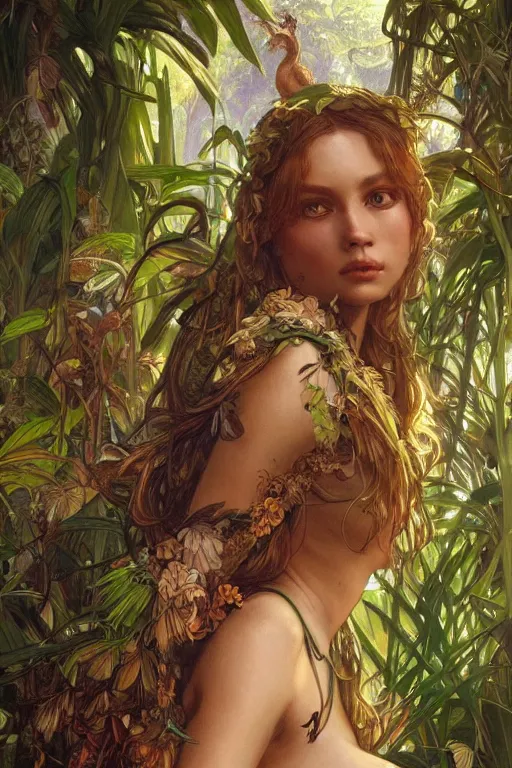 Image similar to ultra realistic illustration, bohemian animal in jungle, staring directly into camera, intricate, elegant, highly detailed, digital painting, artstation, concept art, smooth, sharp focus, illustration, art by artgerm and greg rutkowski and alphonse mucha