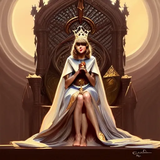 Image similar to Taylor Swift sitting on a majestic throne wearing a crown, D&D style, fantasy, intricate, elegant, highly detailed, digital painting, artstation, concept art, matte, sharp focus, illustration, art by Artgerm and Greg Rutkowski and Alphonse Mucha