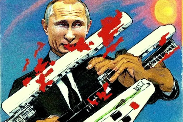 Image similar to Vladimur Putin Shredding on a Keytar in the style of Frank Frazetta