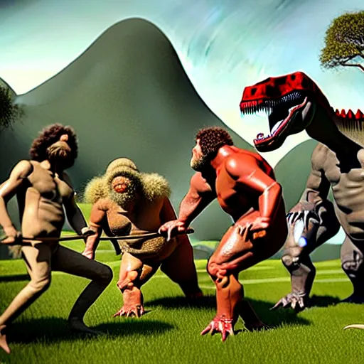 Image similar to A large dinosaur! fighting with several realistic detailed cavemen with proportioned bodies, next to the dinosaur are cavemen, the cavemen are armed with spears, the caveman are in a fighting stance, the cavemen are wearing animal furs, one caveman is stabbing the dinosaur with his spear, one caveman is cowering in fear, coarse canvas, visible brushstrokes, intricate, extremely detailed painting by William Turner (and by Greg Rutkowski)