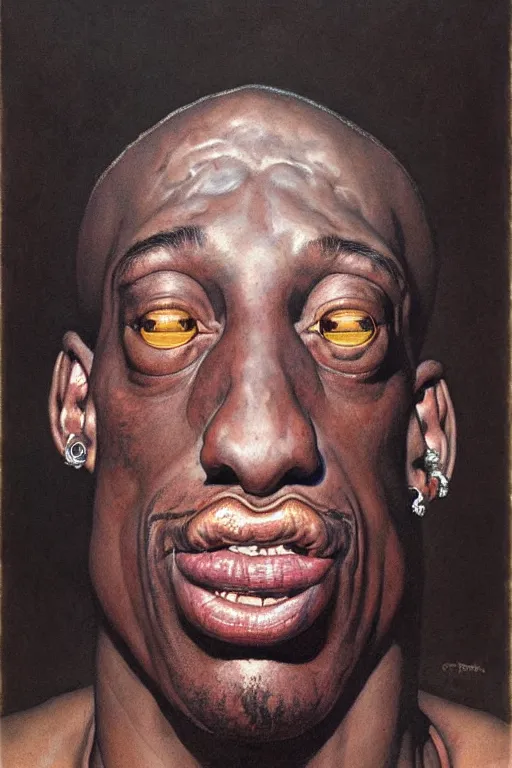 Image similar to portrait of dennis rodman in the style of wayne barlowe, gustav moreau, goward, bussiere, roberto ferri, santiago caruso, luis ricardo falero, austin osman spare