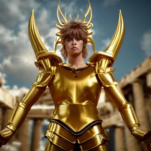 Image similar to a live action menacing, medium close - up, studio studio photographic portrait of the gold saint of geminis from saint seiya : knights of the zodiac, wearing gold armor, gemini gold cloth, in the background is the old temple of athena ( greece ), photoshopped, octane render, hyperrealistic, ultra detailed, symmetrical, 8 k, arnold render