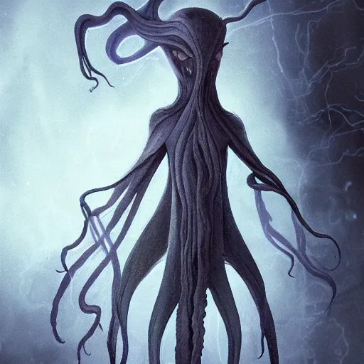 Image similar to concept designs for an ethereal wraith like figure with a squid like parasite latched onto its head and long tentacle arms that flow lazily but gracefully at its sides like a cloak while it floats around a forgotten kingdom in the snow searching for lost souls and that hides amongst the shadows in the trees, this character has hydrokinesis and electrokinesis for the resident evil village video game franchise with inspiration from the franchise Bloodborne and the mind flayer from stranger things on netflix