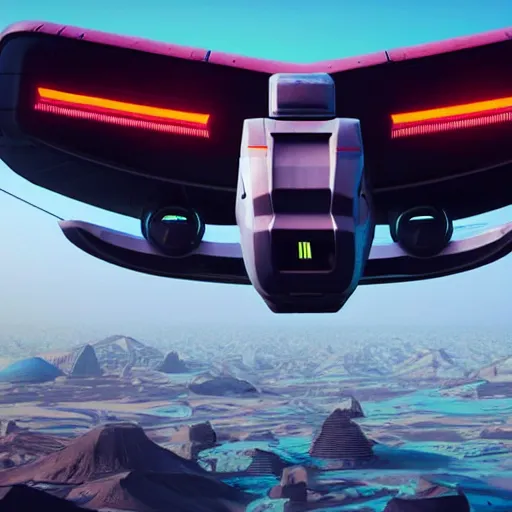 Image similar to cyberpunk alien concept of the a - team van with airplane wings in both sides, flying in the sky of egypt, futuristic look, highly detailed body, very powerful, photorealistic camera shot, crisp quality and light reflections, unreal engine 5 quality render