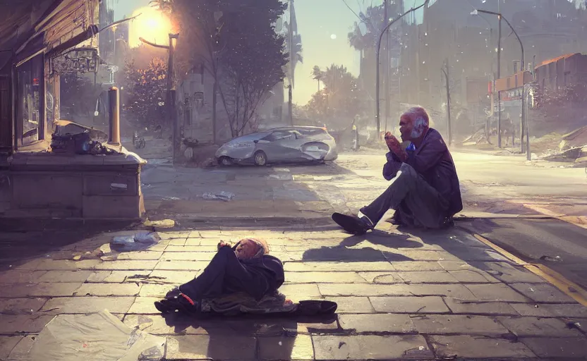 Prompt: highly detailed image of joe biden as a homeless, in gta v, stephen bliss, unreal engine, fantasy art by greg rutkowski, loish, rhads, ferdinand knab, makoto shinkai and lois van baarle, ilya kuvshinov, rossdraws, tom bagshaw, global illumination, radiant light, detailed and intricate environment