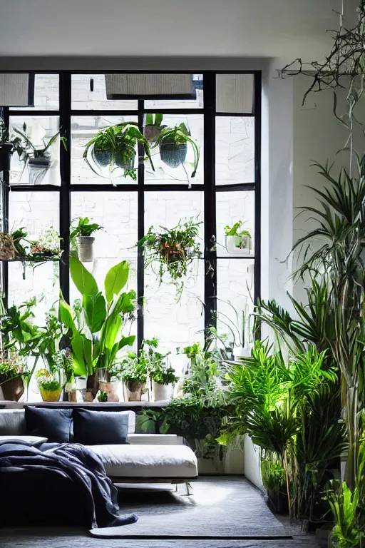 Prompt: photorealisitic modern livingroom with plants and night through windows