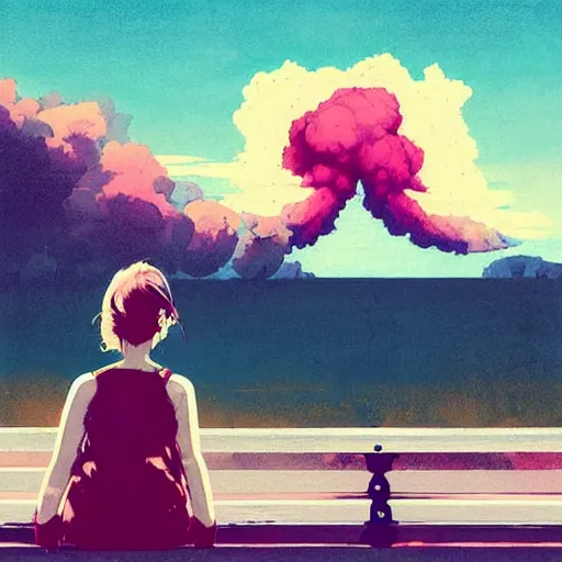 Image similar to girl sitting on a park bench, nuclear explosion in the background, nuclear bomb cloud, by conrad roset, by greg rutkowski, digital art