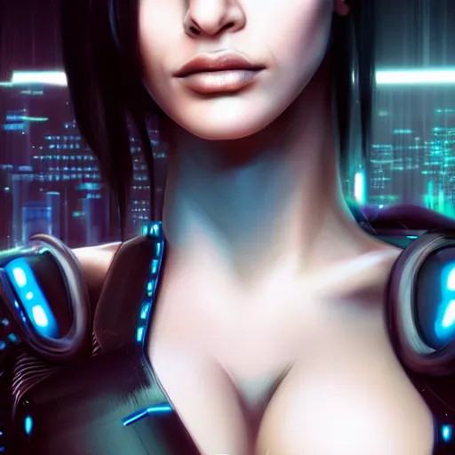 Image similar to realistic detailed portrait of Cyberpunk woman, portrait, long dark hair, cyber implants, Cyberpunk, Sci-Fi, science fantasy, Kelly Brook, glowing skin, full body, beautiful girl, extremely detailed, sharp focus, model