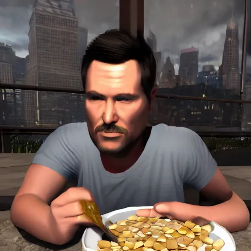 Prompt: jc denton from deus ex videogame eats cereal at a table near liberty island, high quality, photorealistic, highly detailed, 4 k, hd