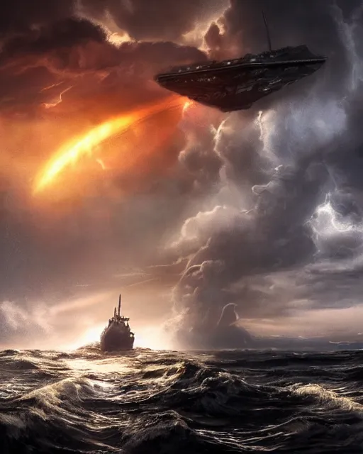 Image similar to scifi action scene of a fishing boat on stormy seas, a gigantic star destroyer spaceship flying overhead, the gigantic star destroyer spaceship is emerging from storm clouds, sunset lighting, stormy weather, dramatic lighting, unreal engine, hyper realism, realistic shading, cinematic composition, realistic render, octane render, detailed textures, photorealistic, ultrawide shot, 1 6 mm lens