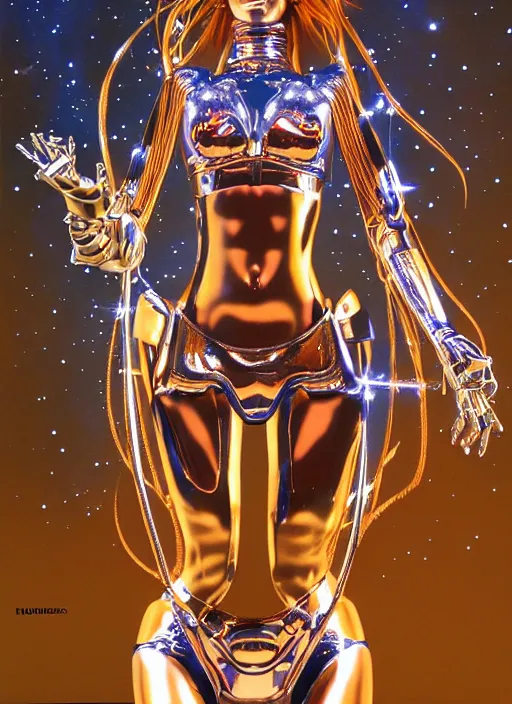 Image similar to Robotic beautiful Priestess posing in front of the stars by Hajime Sorayama, ultra detailed, beksinksi, chrome, dramatic lighting