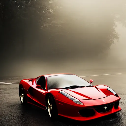 Prompt: Tifa Lockhart posing in front of a parked Ferrari, fog, rain, volumetric lighting, beautiful, golden hour, sharp focus, highly detailed, cgsociety