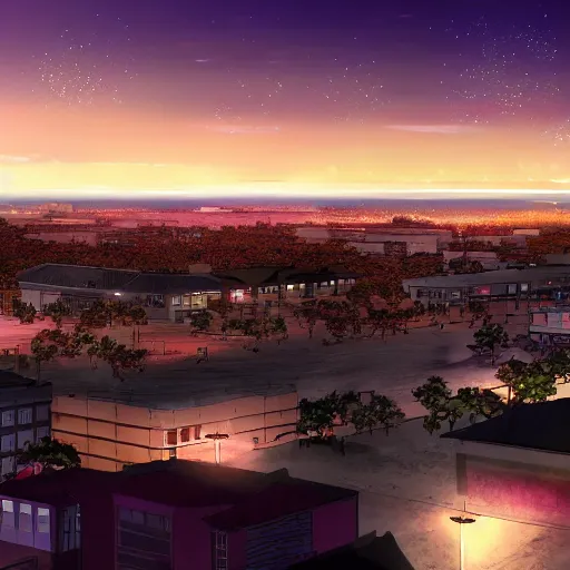 Prompt: modern anime still of an overview from the air of a small coastal Florida town at night, downtown in the distance, key anime visuals