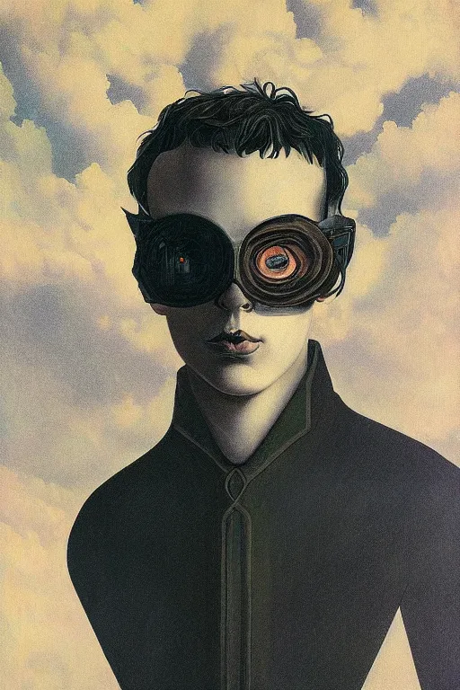 Image similar to portrait of beautiful young gothic man with read hair, cyberpunk, the middle ages, highly detailed, artstation, illustration, art by rene magritte