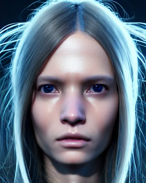 Image similar to a portrait of a beautiful 28th century super cool post-human female very young with long hair, barely human and largely biomechanical cyberpunk, hyper-realistic, very detailed unreal engine, by Artgerm, WLOP and Ross Thran, dramatic cinematic lighting rendered by octane, 8k, detailed, trending on artstation, deviantart google images, pinterest