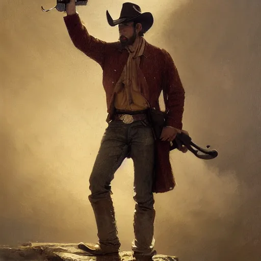 Image similar to a dramatic epic ethereal portrait of a cowboy firing his revolver while yelling, full body with dynamic pose, during archetypical Old West period, 19th century, male, detailed face, cinematic lighting, highly detailed oil on canvas painting by Greg Rutkowski, winning-award digital art trending on Artstation H 1024 W 832