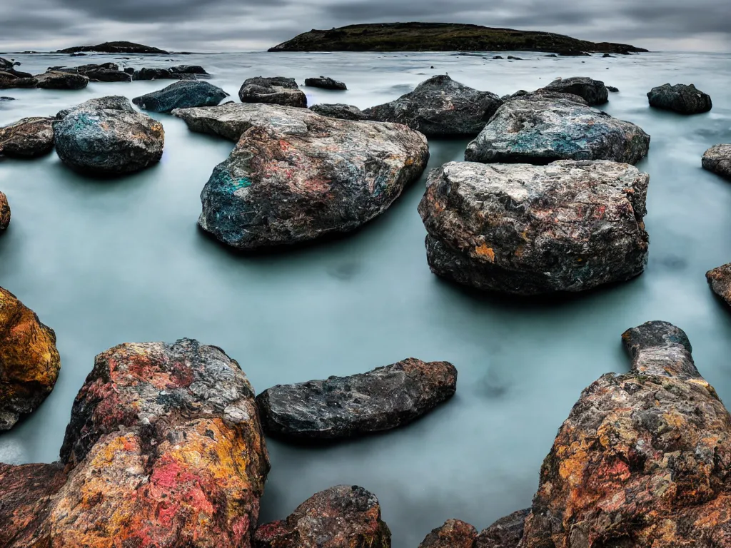 Prompt: a colourful wide-angle long exposure photograph of large rocks in water and cloudy sky, fine art photography