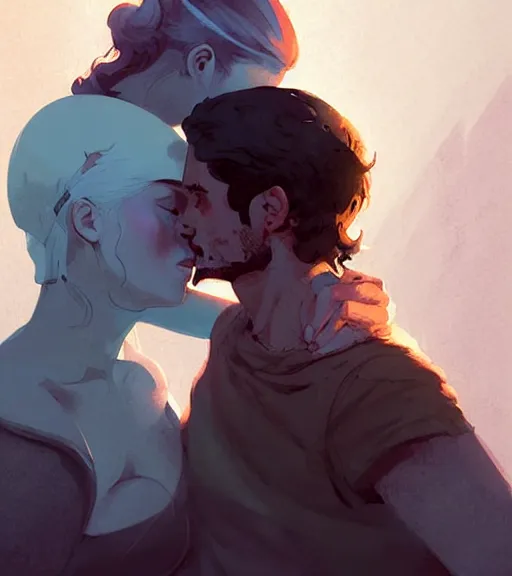 Image similar to portrait of jon kissing dany by atey ghailan, by greg rutkowski, by greg tocchini, by james gilleard, by joe fenton, by kaethe butcher, dynamic lighting, gradient light blue, brown, blonde cream and white color scheme, grunge aesthetic